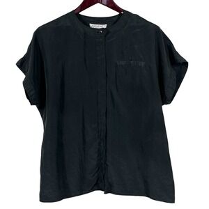 Vintage Argenti 100% Silk Blouse Womens 16 Black Short Sleeve Button Front Chic